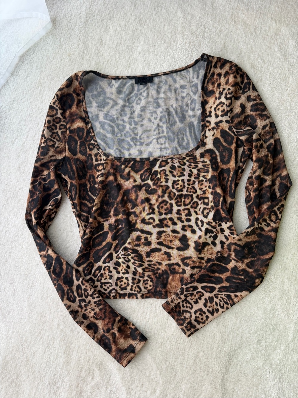 NBD Sheer Leopard Print Scoop Neck Long Sleeve Top